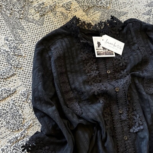 New Bohemian Black Lace Button Front Blouse /  Top Summer Dress Vintage Boho - Picture 5 of 9